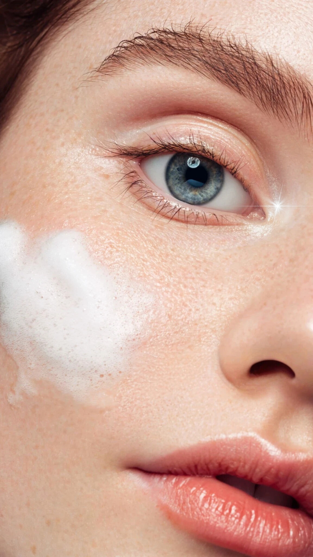 Jeune femme avec une texture mousse nettoyante sur le visage.