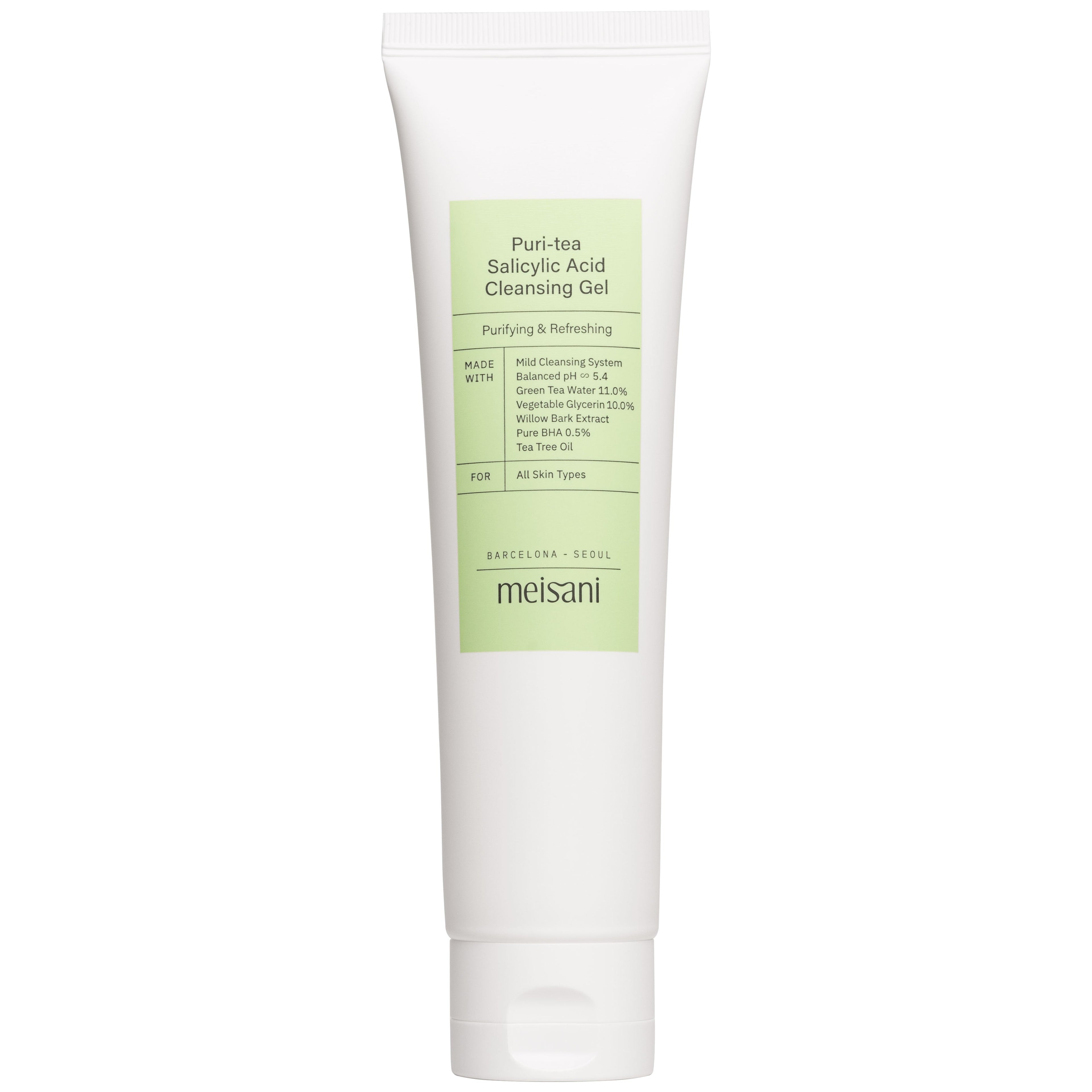 Gel nettoyant purifiant Meisani au thé vert et acide salicylique.