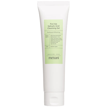 Gel nettoyant purifiant Meisani au thé vert et acide salicylique.